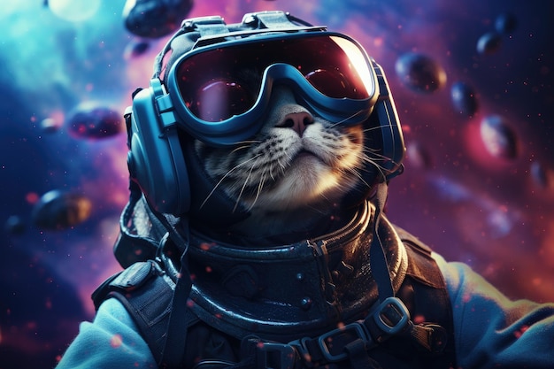 Chat portant un casque VR galaxie surréaliste fond cosmique et coloré IA générative