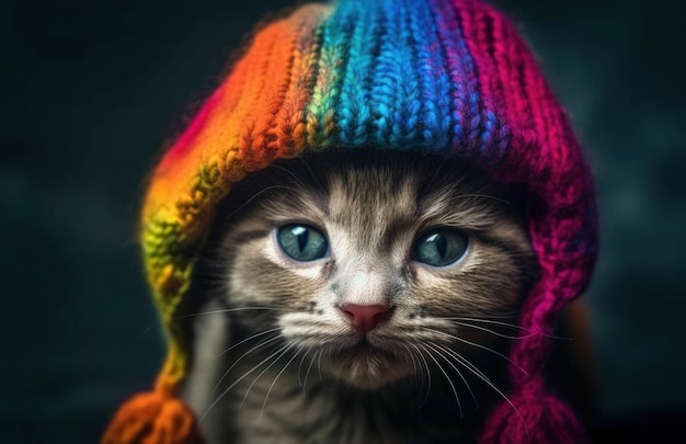 Un chat portant un chapeau arc-en-ciel avec le mot chat dessus.