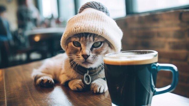 Un chat portant un chapeau assis à côté d'une tasse de café Image AI générative