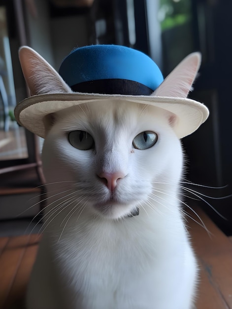 Un chat portant un chapeau bleu et un chapeau bleu.