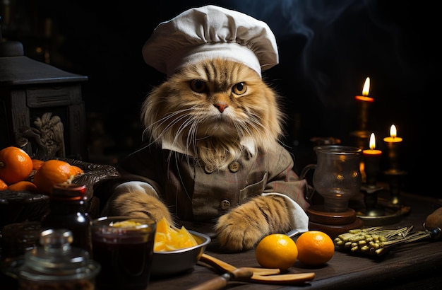 Un chat portant un chapeau de chef assis à une table Un chat mignon portant un chope de chef assise à une table