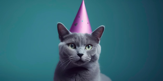 Un chat portant un chapeau de fête est assis sur un fond bleu.