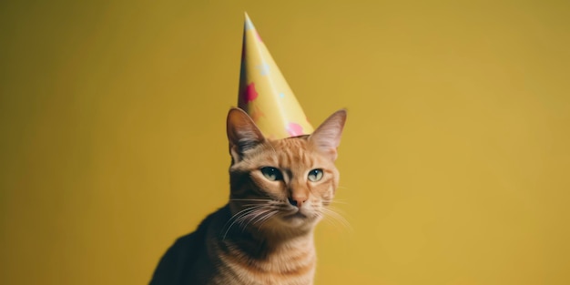 Un chat portant un chapeau de fête est assis sur un fond jaune.