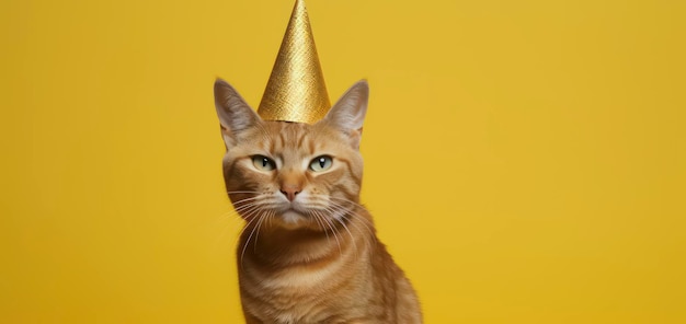 Un chat portant un chapeau de fête est assis sur un fond jaune.