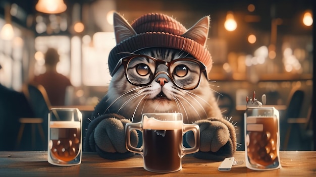 Un chat portant un chapeau et des lunettes assis à une table avec de la bière image ai générative