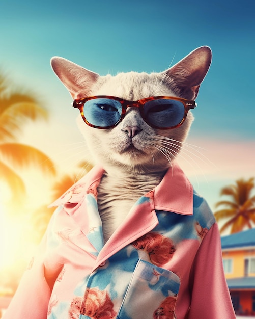 Un chat portant une chemise rose et des lunettes de soleil se tient devant un palmier.
