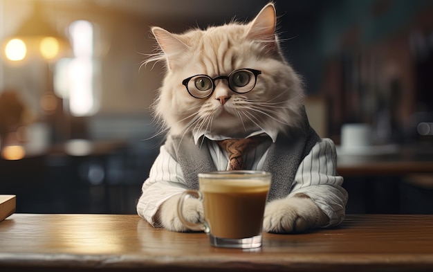 un chat portant un costume et une cravate est assis sur une table avec une tasse de café