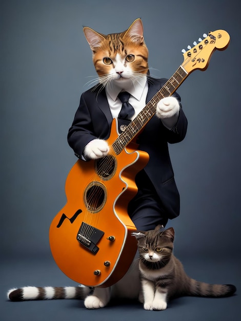 Un chat portant un costume et une cravate joue de la guitare