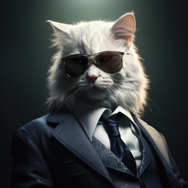 Un chat portant un costume et des lunettes de soleil ai