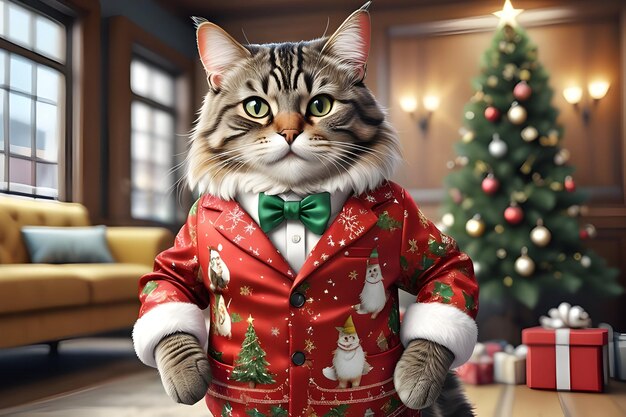 Un chat portant un costume de Noël et célébrant une fête de Noël