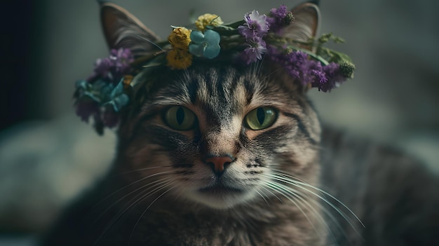 Un chat portant une couronne de fleurs