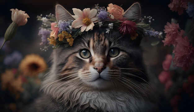 Un chat portant une couronne de fleurs