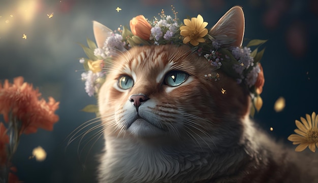 Un chat portant une couronne de fleurs