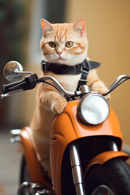 Un chat portant un harnais conduit une moto.
