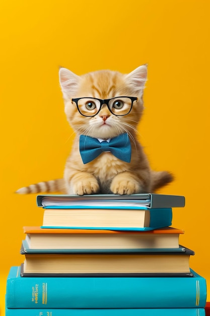 Un chat portant des lunettes et un nœud papillon assis sur une pile de livres IA générative