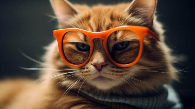 Un chat portant des lunettes orange avec le mot chat