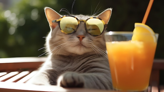 Chat portant des lunettes de soleil et buvant du jus d'orange dans un verre