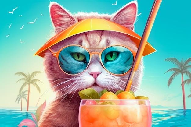 Un chat portant des lunettes de soleil avec un cocktail se détendant sur le fond de la mer Bonjour été IA générative