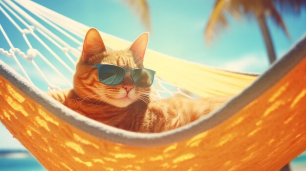 Photo un chat portant des lunettes de soleil dort sur un lit hamac et au soleilbgenerative ai