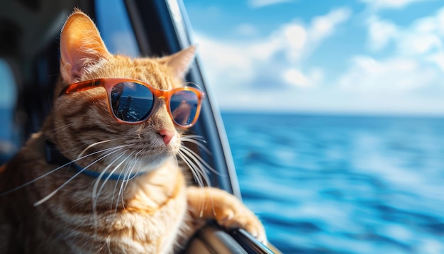 Un chat portant des lunettes de soleil est assis dans une fenêtre de voiture par une image générée par AI