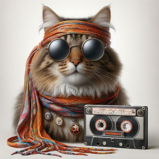 un chat portant des lunettes de soleil et un foulard avec une radio dessus