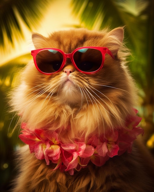 Photo un chat portant des lunettes de soleil et un lei est assis devant un palmier.