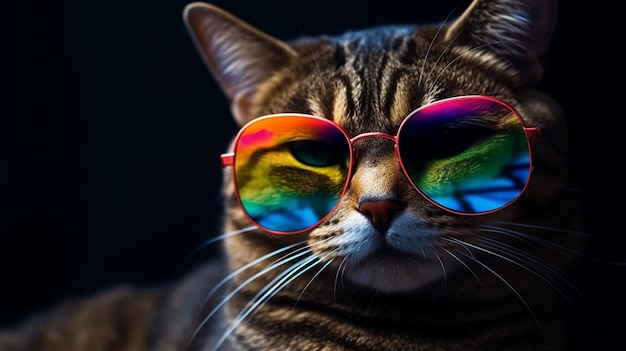 Un chat portant des lunettes de soleil qui dit "arc-en-ciel" dessus