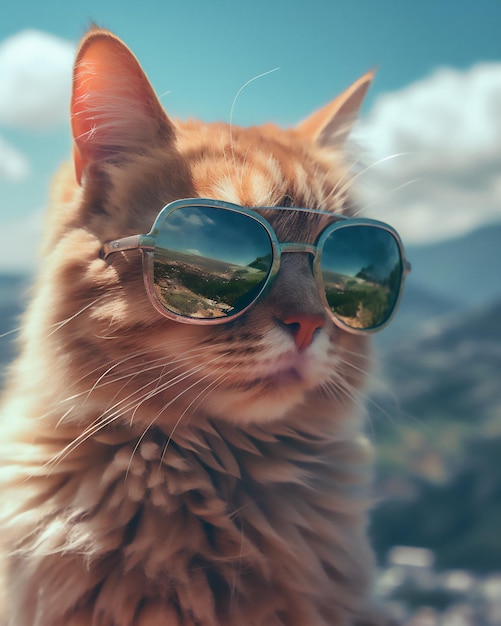 Un chat portant des lunettes de soleil et regardant les montagnes