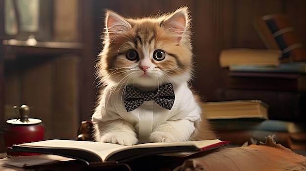 un chat portant un nœud papillon est assis sur un livre.