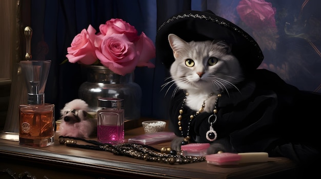 Photo un chat portant un petit béret chic avec des parfums de luxe en arrière-plan