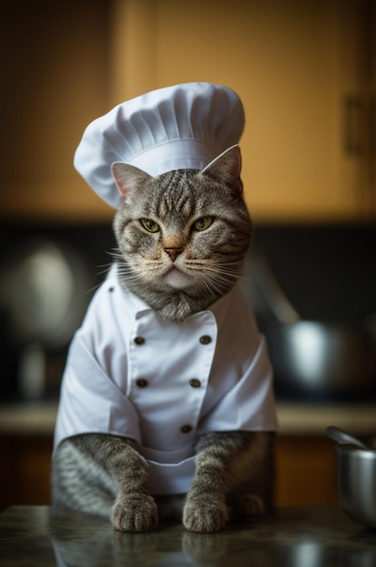 Un chat portant une toque de chef porte une toque de chef.