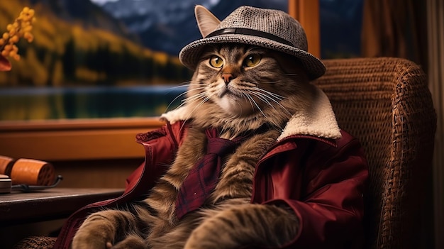 Photo un chat portant une veste est détendu.