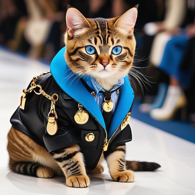 Un chat portant une veste avec des pendentifs en or.