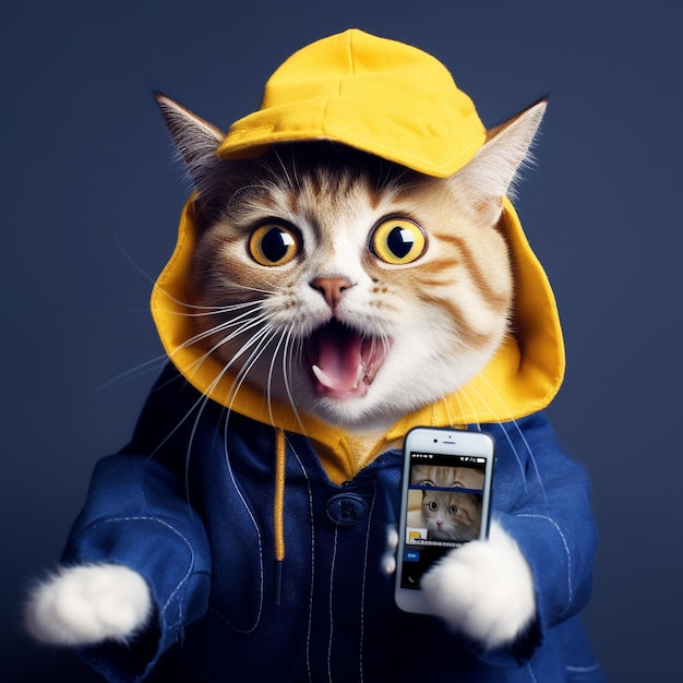 un chat portant une veste qui dit quot le téléphone est ouvert quot