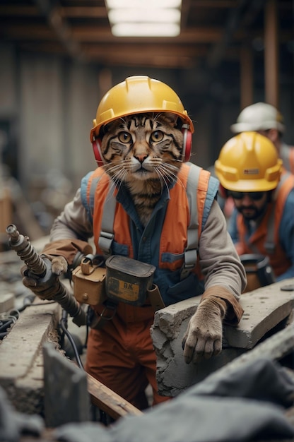 Le chat porte un casque et un équipement de sécurité