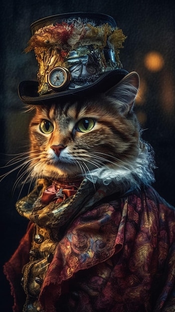 Un chat porte un chapeau haut de forme et une montre.