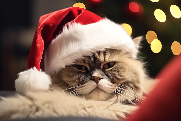 Le chat porte un chapeau de Père Noël rouge pour le réveillon de Noël Generative AI