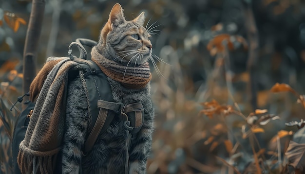 Un chat porte un foulard et est assis sur un sac à dos