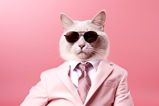 Un chat porte des lunettes de soleil et un costume sur fond rose