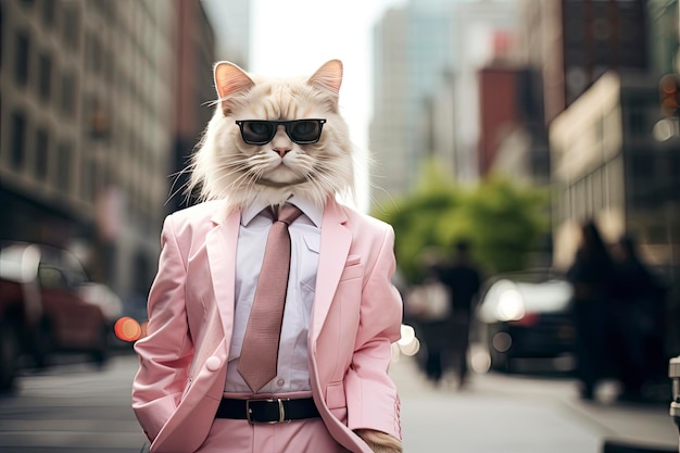 Un chat porte des lunettes de soleil et se tient dans la rue