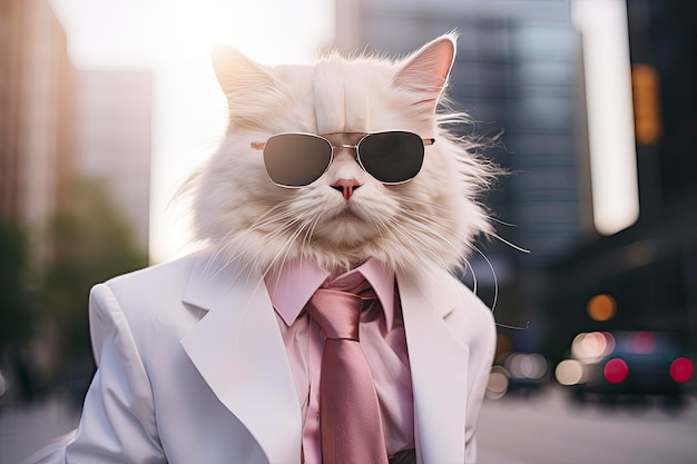 Un chat porte des lunettes de soleil et se tient dans la rue