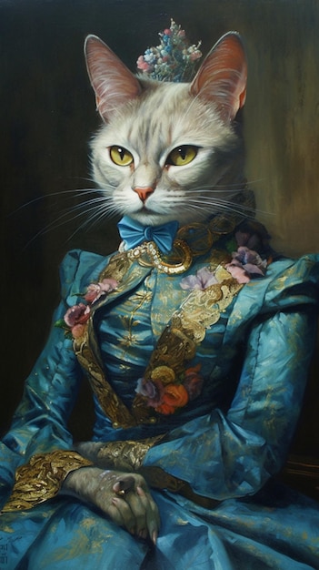 Un chat porte une robe bleue qui dit 'chat' dessus