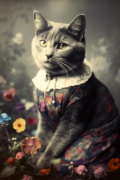 Un chat porte une robe ornée d'un motif floral.