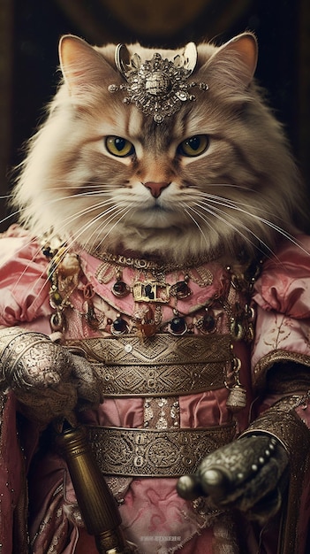 Un chat porte une robe rose et porte une épée.