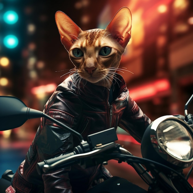 un chat porte une veste en cuir et est assis sur une moto.