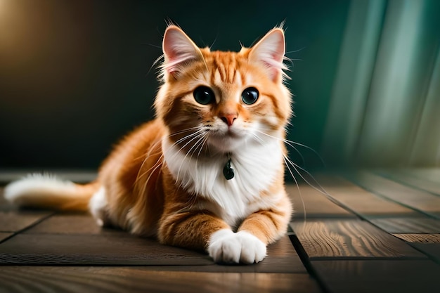 Un chat posé sur un sol en bois avec un fond sombre