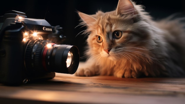 Un chat posé sur la table à côté de la caméra