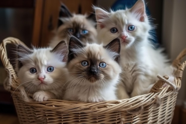 Un chat poupée et son chaton assis dans un panier