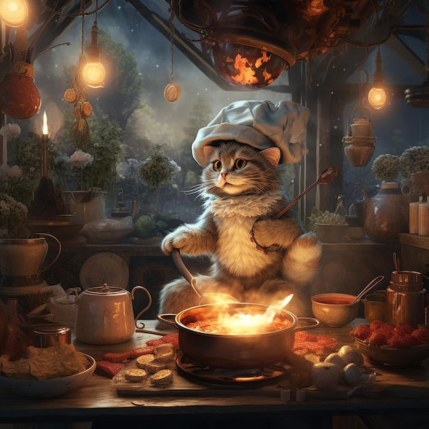 Un chat prépare le dîner dans une cuisine magique pleine de champignons