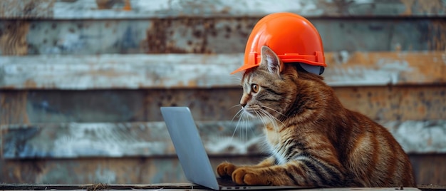 Un chat professionnel dans un chapeau orange travaille attentivement sur un ordinateur portable